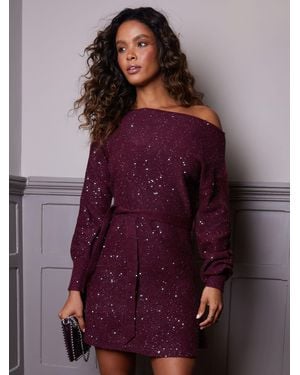 Threadbare Knitted Sequin Slash Neck Mini Dress - Purple