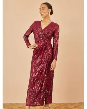 Yumi' Sequin Midi Wrap Dress With Split Hemline And Long Sleeves - Red