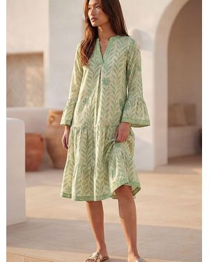 Roman Leaf Print Tiered Boho Dress - Green