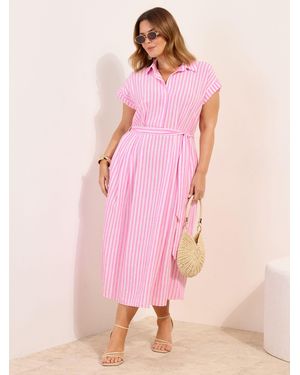 Friends Like These Curve Button Down Tie Waist Collared Shirt Midi Dress - Pink