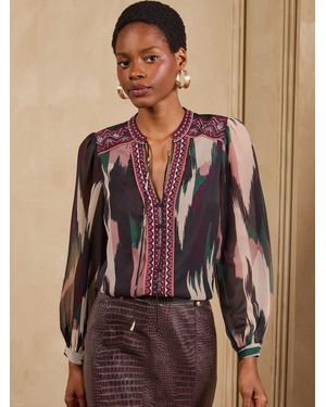 Love & Roses Printed Embroidered Yoke Long Sleeve Notch Neck Blouse - Brown