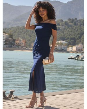 Sosandar Mesh Bardot Ruched Midaxi Dress - Blue