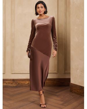Love & Roses Chocolate Velvet Satin Mix Asymmetric Midi Dress - Brown