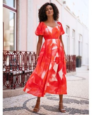 Yumi' Viscose Floral Midi Dress With Puff Sleeves - Red