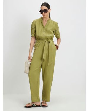 River Island Puff Sleeve Textured Belted Jumpsuit - Green