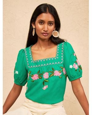 Love & Roses Flower Embroidered Square Neck Blouse - Green