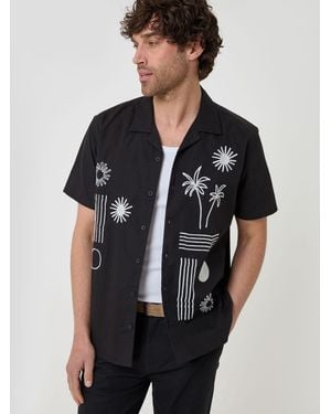 Threadbare Beach Embroidered Cotton Poplin Short Sleeve Shirt - Black