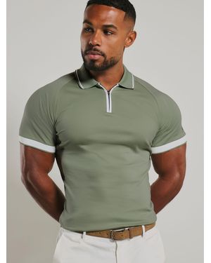 Tailored Athlete Muscle Fit Mercerised Cotton Tipped Zip Neck Polo Shirt - Grün