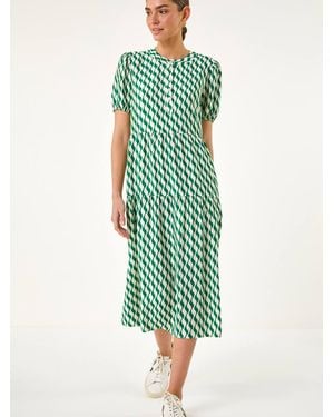 Roman Geo Print Button Shirt Midi Dress - Green