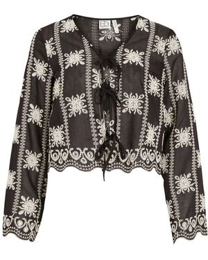 Vila Embroidered Pointelle Pattern Long Sleeve V-Neck Tie Top - Black