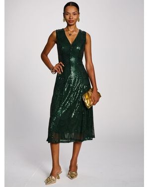Jolie Moi Patterned Sequin V-Neckline Midi Dress - Green