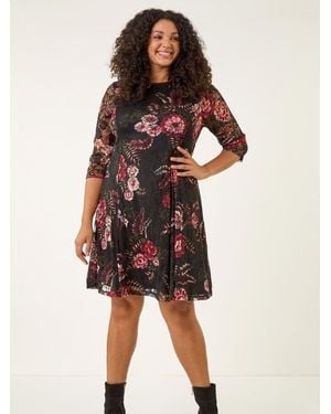 Roman Curve Floral Print Lace Dress - Red