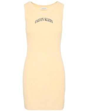 Calvin Klein Ribbed Embroidered Logo Tank Dress - Natural