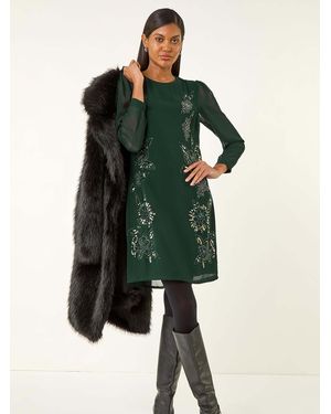 Roman Premium Beaded Shift Midi Dress - Green