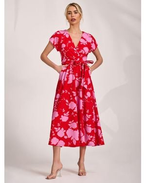 Jolie Moi Kimono Sleeve Print Scuba Midaxi Dress - Red