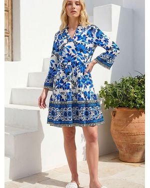 Roman Floral Print Border Tunic Dress - Blue