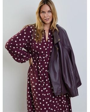 Live Unlimited Burgundy Polka Dot Waist Tie Maxi Shirt Dress - Red