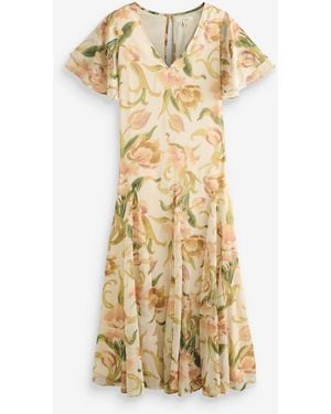 Laura Ashley Emberly Floral Flutter Sleeve Godet Dress - Mettallic
