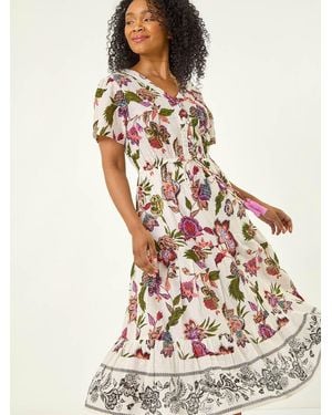 Roman Petite Floral Dobby Print Midi Dress - White