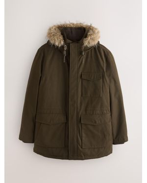Next Khaki Shower Resistant Faux Fur Hooded Parka With Quilted Lining - Green