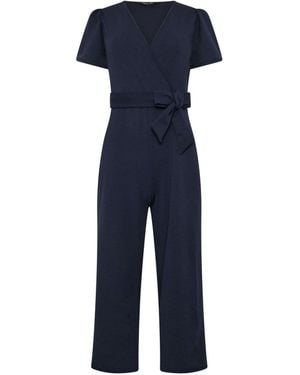 M Com Petite Cropped Tie Waist Jumpsuit - Blue