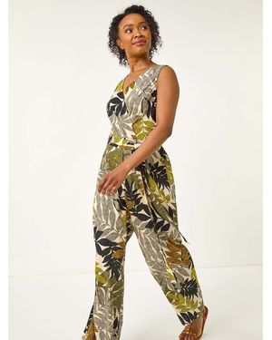 Roman Petite Leaf Print Wrap Jumpsuit - Green