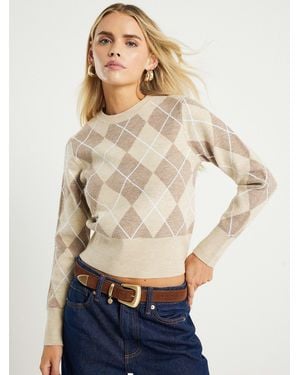 River Island Petite Argyle Print Top - Natural