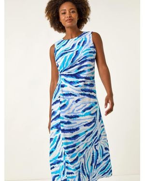 Roman Abstract Side Pleat Midi Dress - Blue