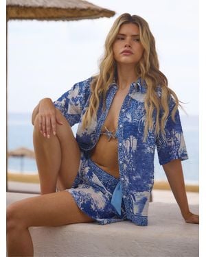 South Beach Leopard Safari Print Short Sleeve Beach Shirt - Blue