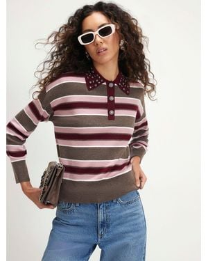 River Island Stripe Embellished Knit Polo Shirt - Rot