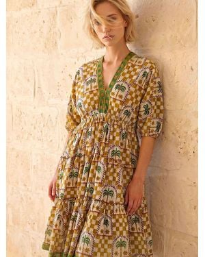 Roman Palm Check Boho Dress - Natural