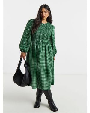 Simply Be Shirred Check Midi Dress - Green