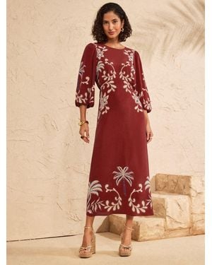 Love & Roses Woodblock Balloon Sleeve Midi Dress - Multicolor