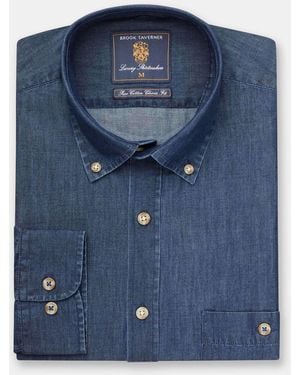 Brook Taverner Tailored Fit Chambray Cotton Shirt - Blue