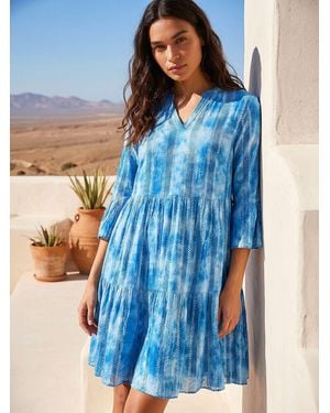 Roman Tie Dye Shimmer Smock Dress - Blue