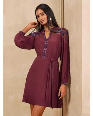 Love & Roses Burgundy Floral Touch Of Print Belted Mini Dress - Red