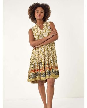 Roman Leaf Print Button Smock Dress - Yellow