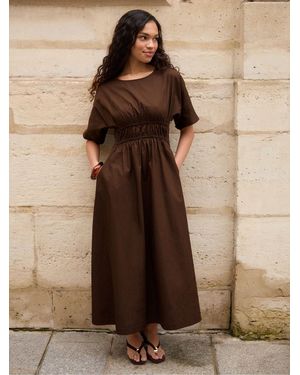 Threadbare 100% Cotton Elasticated Waist Poplin Midi Dress - Brown
