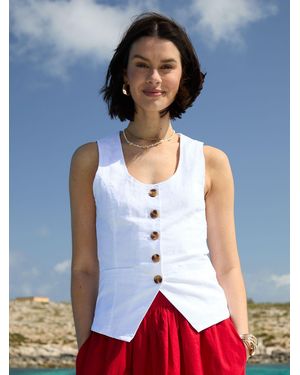 Threadbare Scoop Neck Longline Linen Blend Waistcoat - White