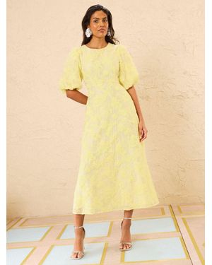 Love & Roses Textured Puff Sleeve Crew Neck Midi Dress - Yellow