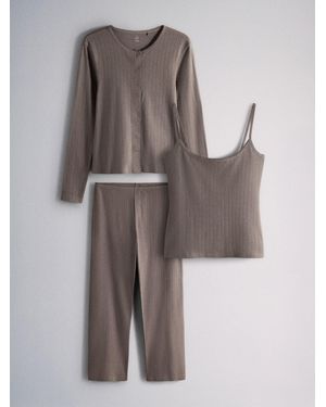The Set 3 Piece Pointelle Button Through Trousers Pyjamas Set Taupe - Grey