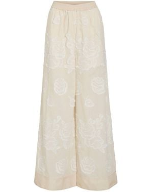 ROUGE EDIT Elasticated Wide Leg Floral Detail Pants - White