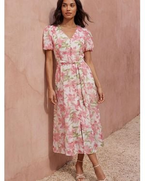 Roman Floral Print Puff Sleeve Midi Dress - Pink