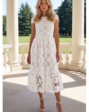 Roman Crochet Floral Print Lace Midi Dress - White