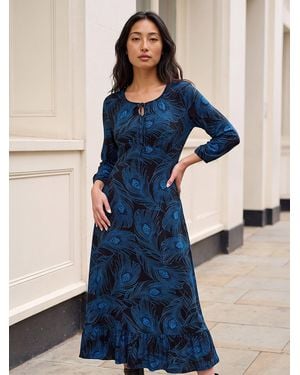 Roman Petite Feather Print Keyhole Midi Dress - Blue