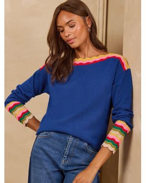 Love & Roses Striped Detail Boat Neck Knitted Jumper - Blue