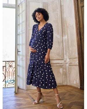 Seraphine Button Through V-Neck Maternity & Nursing Dress - Blue