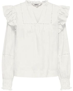 ONLY Frill Detail Long Sleeve Cotton Blouse - White