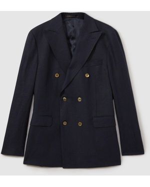 Oscar Jacobson Navy Linen Double Breasted Blazer - Blue