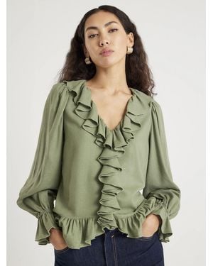River Island Long Sleeve V-Neck Ruffle Blouse - Green